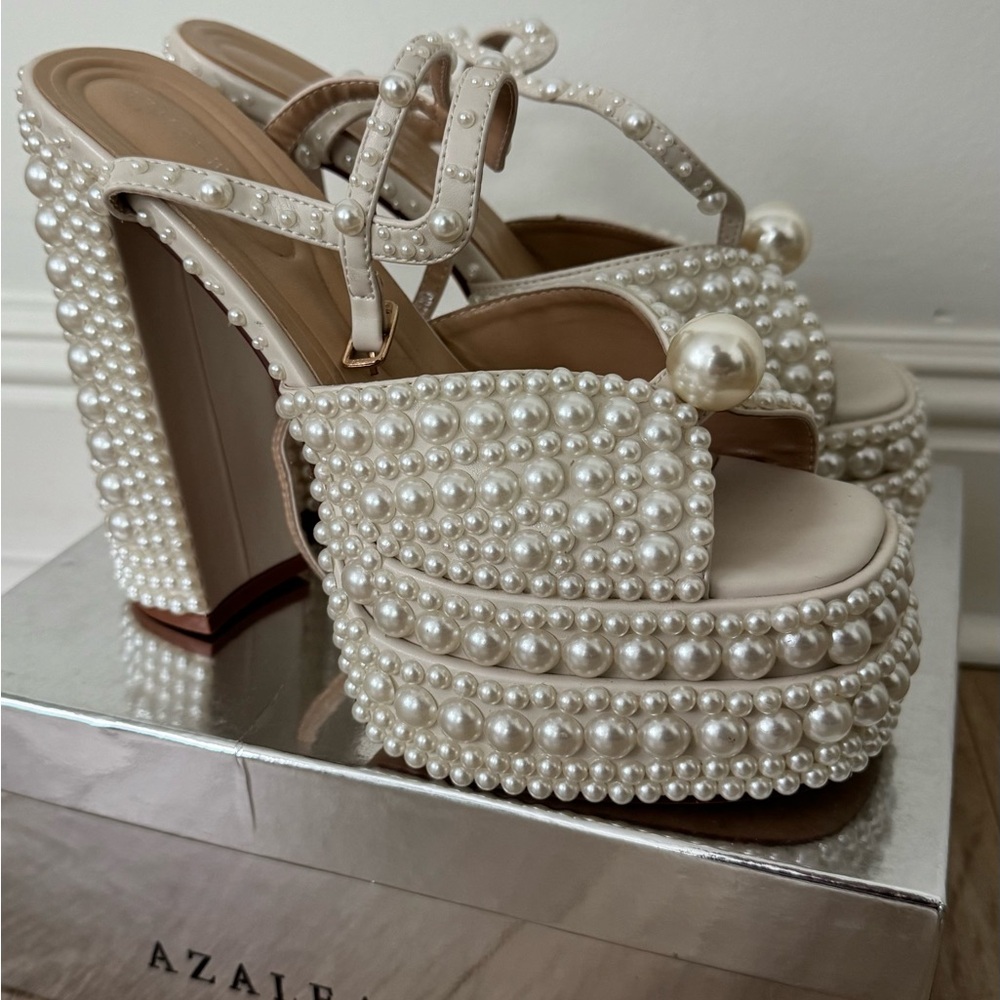 Pearl-Embellished Ivory Platform Sandal with Ankle Strap
